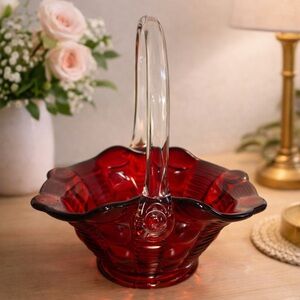Vintage Tiara Indiana Glass Dewdrop Ruby Red Basket – Clear Handle – 7”